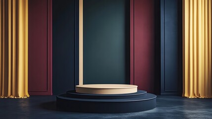 Poster - Elegant stage setup with a wooden platform and vibrant drapes, perfect for presentations or showcases in an artistic setting.