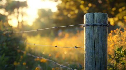 Sticker - Golden Hour Landscape: A Rustic Fence Post