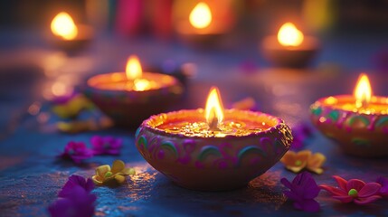 Sticker - Celebrating Diwali festival, candles in temple with colorful background