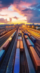 Canvas Print - Efficient Rail Freight Loading Operations Captured at Dusk  