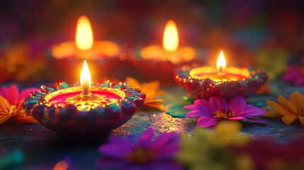 Sticker - Celebrating Diwali festival, candles in temple with colorful background