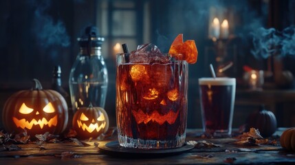 Halloween-themed cocktail recipes, 3D render, Triadic color scheme, spooky and delicious drinks