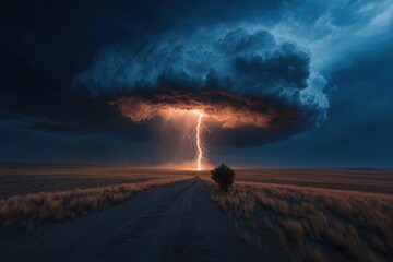 A powerful lightning bolt strikes the road under dramatic and turbulent storm clouds, creating a scene of intense and awe-inspiring natural energy in the open landscape.