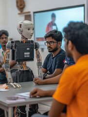 A robot is sitting at a table with a group of people