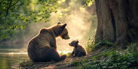 Wall Mural - A tranquil moment between a mother bear and her cub in a beautiful forest setting. The sunlight filters through trees, creating a warm, peaceful atmosphere. Ideal for nature lovers. AI