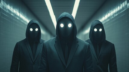 Canvas Print - Three men in black hoodies with glowing eyes stand in a hallway