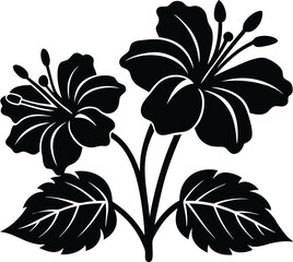 Wall Mural - Black silhouettes of tropical hibiscus flowers isolated on a white background.