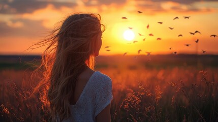 Aufkleber - With her hair flowing in the gentle breeze, a woman stands in a tranquil field, gazing at a breathtaking sunset as birds soar across the colorful horizon