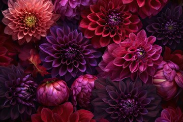 Poster - The stunning display features a variety of dahlias in shades of red and purple, showcasing intricate petal patterns during a bright afternoon setting, creating a rich tapestry of color