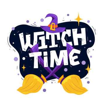 Time witches. Illustration crossed brooms and witch hat. Bold scuffs font. Isolated sticker on white background