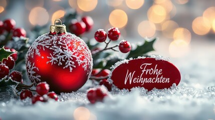 Poster - A vibrant red ornament adorned with snowflakes sits amid sparkling snow and festive berries, capturing the joyous spirit of Christmas