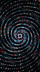 Poster - Abstract small triangles moving on a spiral trajectory and flying towards the camera, amazing 3D effect. Animation. Spinning geometric figures on black background.