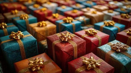 Poster - Numerous holiday presents in vibrant wrappers adorned with shiny bows are displayed together, creating a festive atmosphere perfect for celebrations and gift-giving