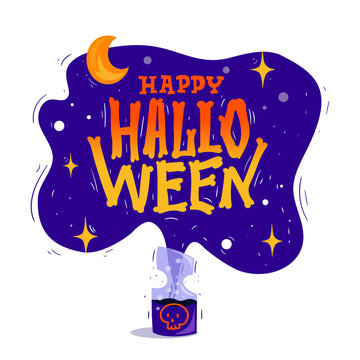 Halloween text made of bones. Creepy purple bottle with potion and flying cloud. Bold text for banner, poster, greeting card, party invitation. Vector illustration