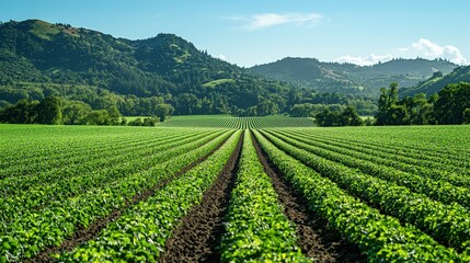 Poster - Rows of vibrant green crops fill the foreground under a bright blue sky. The rolling hills in the background complete the picturesque California landscape during late spring