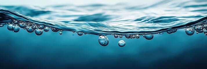 Fototapete - The surface of the water features sparkling bubbles, capturing light and creating a serene, mesmerizing effect in a refreshing blue setting, ideal for relaxation