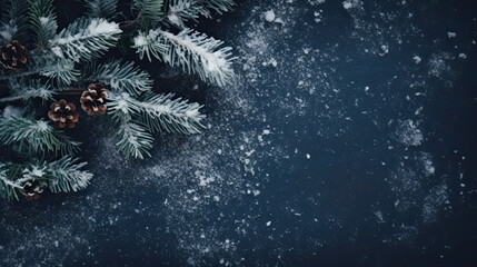 Snowy Christmas tree branches or snowy Christmas fir tree on a dark blue background