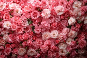 Wall Mural - An abundance of pink and white roses fills the backdrop, offering a stunning display perfect for weddings or special events, creating an atmosphere of elegance and romance