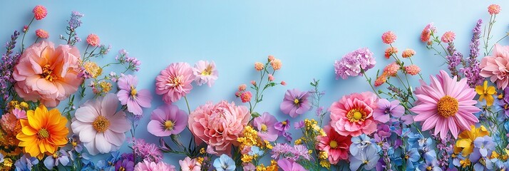 Poster - A striking display of various blooming flowers fills the bottom of the frame, set against a soft blue backdrop, capturing the essence of spring's vibrant colors