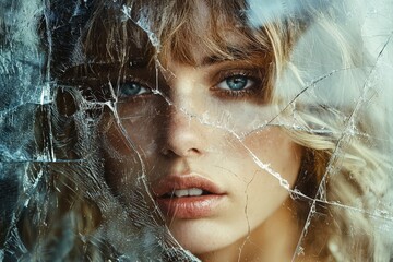 Poster - A young woman gazes intensely through cracked glass, her blue eyes piercing and full of depth, conveying a sense of vulnerability and intrigue in the soft light