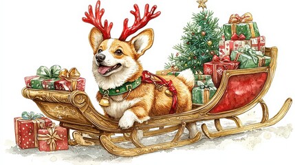 Canvas Print - A playful corgi wearing reindeer antlers sits happily in a decorated sleigh filled with colorful presents and a small Christmas tree, embodying holiday cheer