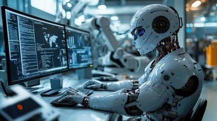 Poster - A humanoid robot is focused on the computer screen in a futuristic laboratory, surrounded by advanced technology, indicating the integration of robotics and artificial intelligence