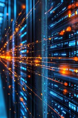 Poster - High-Tech Server Rack Close-Up View with Data Streams