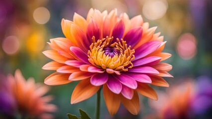 A vibrant pink and orange dahlia flower in full bloom with a blurred background of other flowers and bokeh.