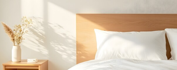 Poster - Serene Japandi Bedroom with Built-in Storage - Cozy Minimalist Design Featuring Natural Materials for Space Optimization and Tranquil Living