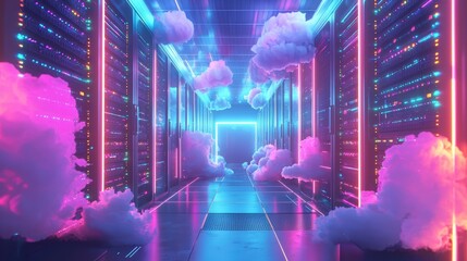 Poster - Futuristic Server Room with Glowing Racks and Clouds