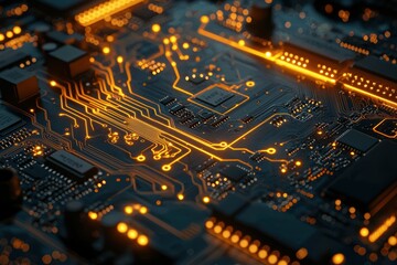 Poster - Glowing Digital Circuit Board with Chips and Patterns
