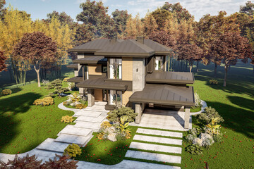 Wall Mural - 3d rendering of modern two story house with gray and wood accents, large windows, parking space in the right side of the building, surrounded by trees and bushes, daylight in autumn day