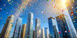 © suwatthana - Energetic confetti bursts against modern skyscrapers in a clear blue sky , celebration, colorful, vibrant, festive, urban