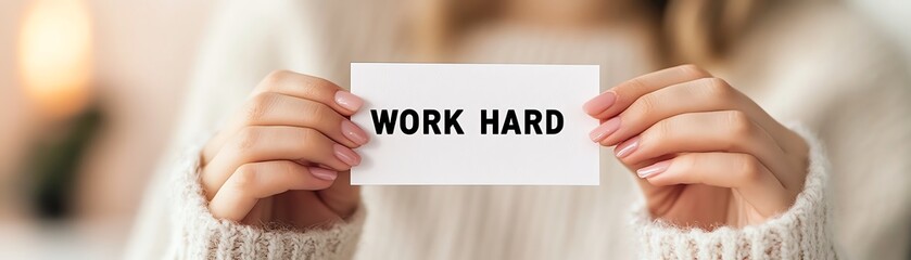 Close-up of hands holding a white card with the text 'WORK HARD'. Represents motivation, dedication, and hard work in achieving goals.