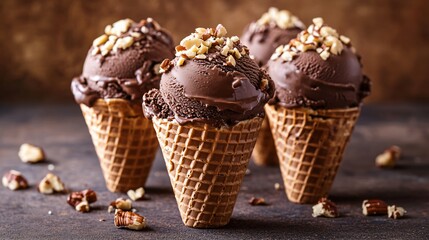 Sticker - Three chocolate ice cream cones with nuts.