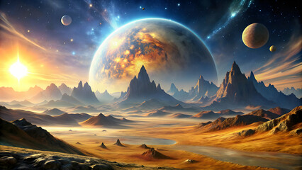 Space landscape on alien planet with towering mountains and multiple suns in the sky, alien, planet, mountains, sun