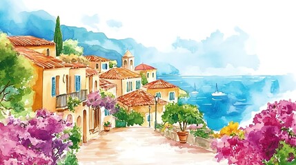 Wall Mural - Watercolor painting of a picturesque Mediterranean town with colorful flowers and the sea in the background.