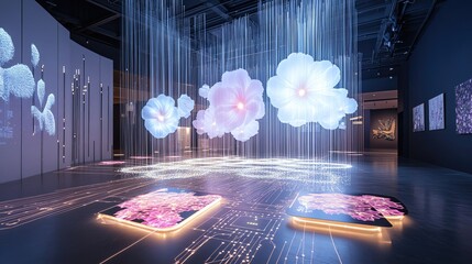 Poster - A stunning modern art installation featuring luminous flower shapes suspended in an artistic space, creating a captivating ambiance.