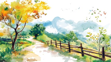 Wall Mural - Watercolor Painting of a Winding Path Through a Forest with a Wooden Fence.