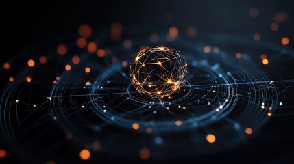 Poster - Abstract digital representation of a glowing sphere surrounded by luminous particles and geometric lines on a dark background.
