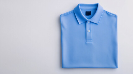 neatly folded blue polo shirt is displayed on light background, showcasing its smooth fabric and classic design.