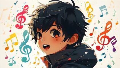 Joyful cartoon boy with black hair singing and walking amidst vibrant music notes on a bright white background