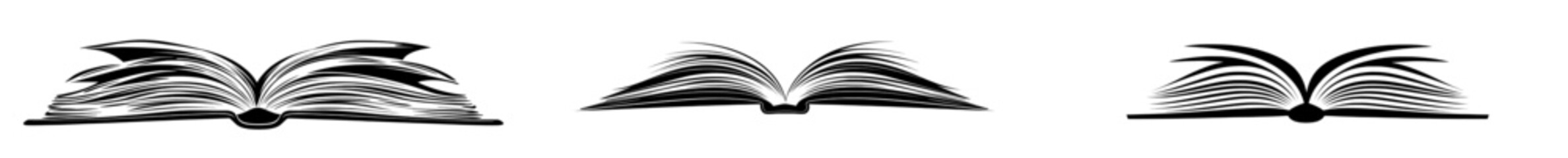 An open book icon, sign or symbol in glyph and line style.