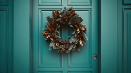 Christmas wreath with Christmas ornaments on a cyan door