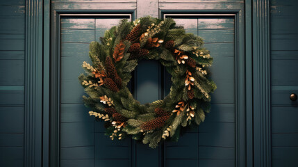 Christmas wreath with Christmas ornaments on a indigo door