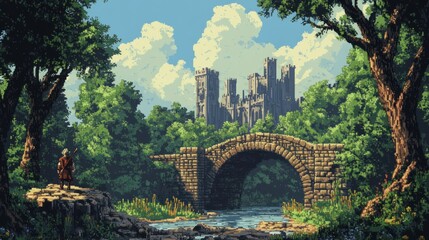 Canvas Print - A lone figure standing on a stone outcrop overlooking a stone bridge leading to a distant castle.