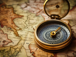 vintage compass on antique map pointing north