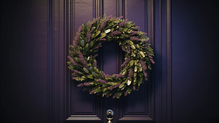 Christmas wreath with Christmas ornaments on a dark purple door