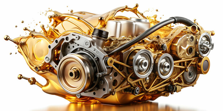 Wave of oil splashing in car engine with lubricant oil, concept of oiling motor and gears, oil, car engine, lubricant