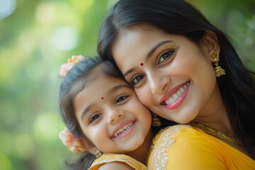 Wall Mural - Happy indian mother having fun with her daughter outdoor - Family people and love concept - Focus on mum face, Generative AI